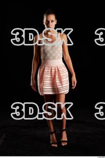 Walking reference of whole body white dress pink skirt black…